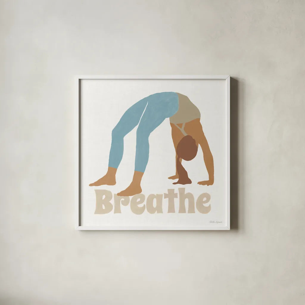 Yoga Sesh II v2 by Beth Grove. Shown in a crisp white glass frame for a clean and minimalist style. Available as an archival giclee rolled canvas, fine art paper, or poster print. SKU 86994a.