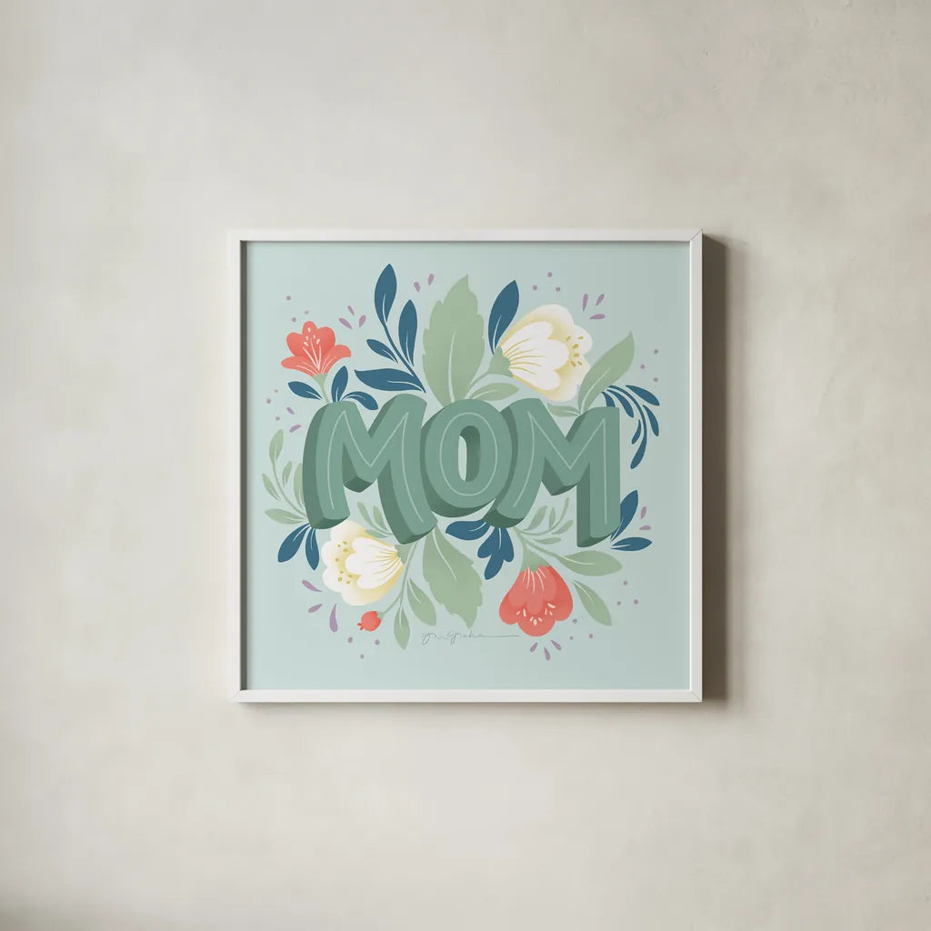 Mom by Gia Graham. Shown in a crisp white glass frame for a clean and minimalist style. Available as an archival giclee rolled canvas, fine art paper, or poster print. SKU 67312a.