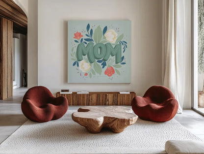 Mom by Gia Graham. Shown as extra-large giant wall art in a modern living room. Available as an archival giclee rolled canvas, fine art paper, or poster print. SKU 67312a.