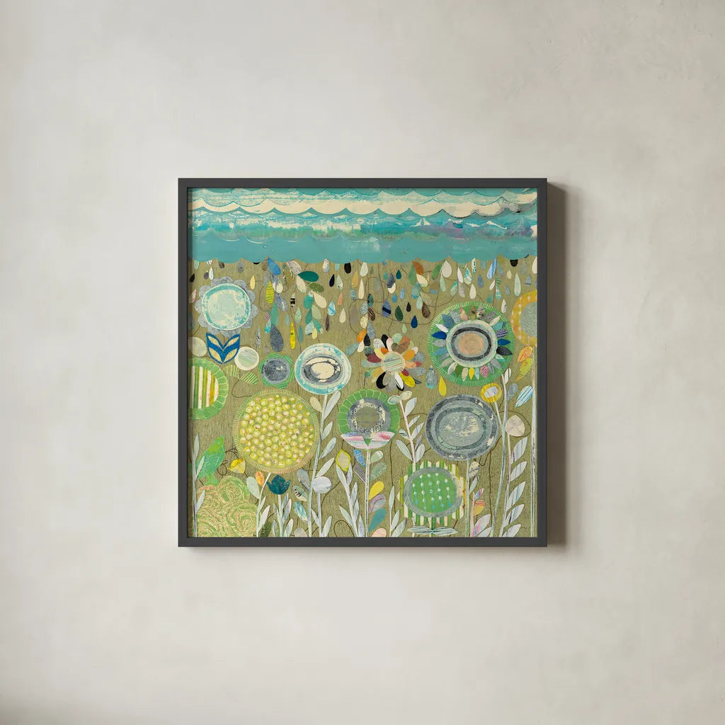 After the Rain Square by Candra Boggs. Shown in a sleek black glass frame for a contemporary gallery look. Available as an archival giclee rolled canvas, fine art paper, or poster print. SKU 22718a.