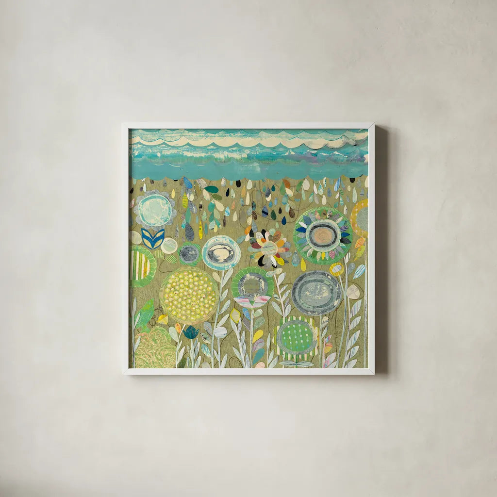 After the Rain Square by Candra Boggs. Shown in a crisp white glass frame for a clean and minimalist style. Available as an archival giclee rolled canvas, fine art paper, or poster print. SKU 22718a.