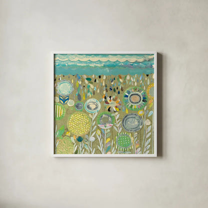 After the Rain Square by Candra Boggs. Shown in a crisp white glass frame for a clean and minimalist style. Available as an archival giclee rolled canvas, fine art paper, or poster print. SKU 22718a.