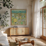 After the Rain Square by Candra Boggs. Shown in a natural wood frame in a cozy modern living room. Available as an archival giclee rolled canvas, fine art paper, or poster print. SKU 22718a.
