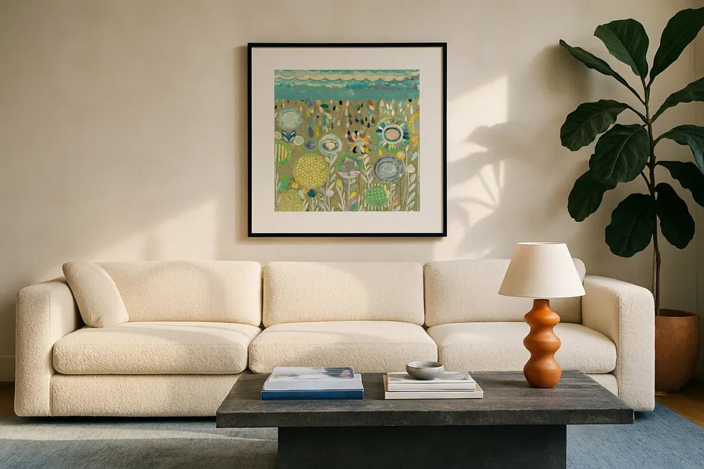 After the Rain Square by Candra Boggs. Displayed in a glass frame with matte in a clean modern living room. Available as an archival giclee rolled canvas, fine art paper, or poster print. SKU 22718a.