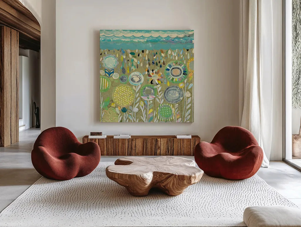 After the Rain Square by Candra Boggs. Shown as extra-large giant wall art in a modern living room. Available as an archival giclee rolled canvas, fine art paper, or poster print. SKU 22718a.