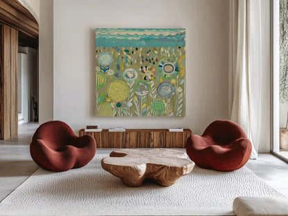 After the Rain Square by Candra Boggs. Shown as extra-large giant wall art in a modern living room. Available as an archival giclee rolled canvas, fine art paper, or poster print. SKU 22718a.