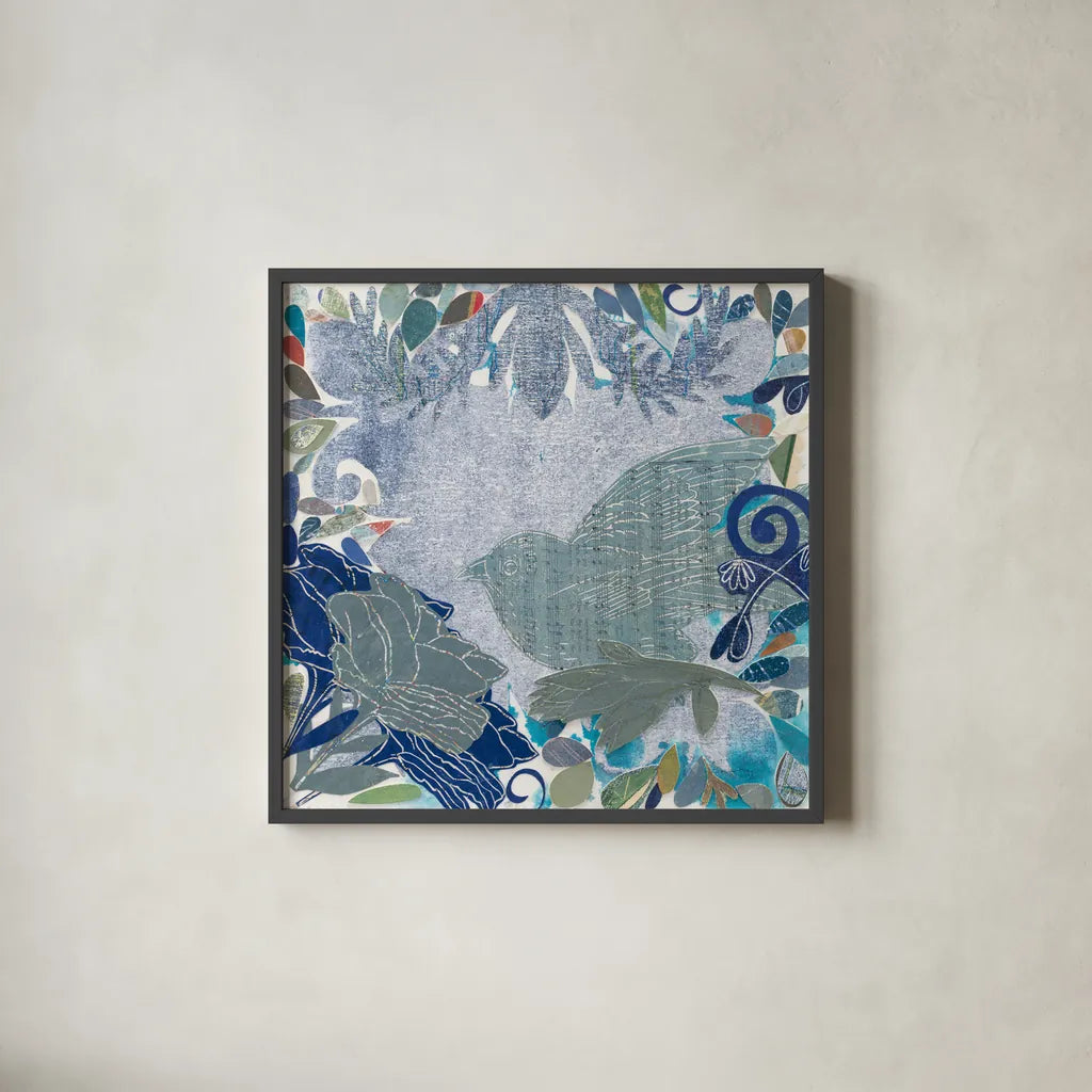 Bird in the Garden by Candra Boggs. Shown in a sleek black glass frame for a contemporary gallery look. Available as an archival giclee rolled canvas, fine art paper, or poster print. SKU 19588a.