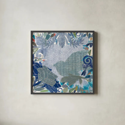 Bird in the Garden by Candra Boggs. Shown in a sleek black glass frame for a contemporary gallery look. Available as an archival giclee rolled canvas, fine art paper, or poster print. SKU 19588a.