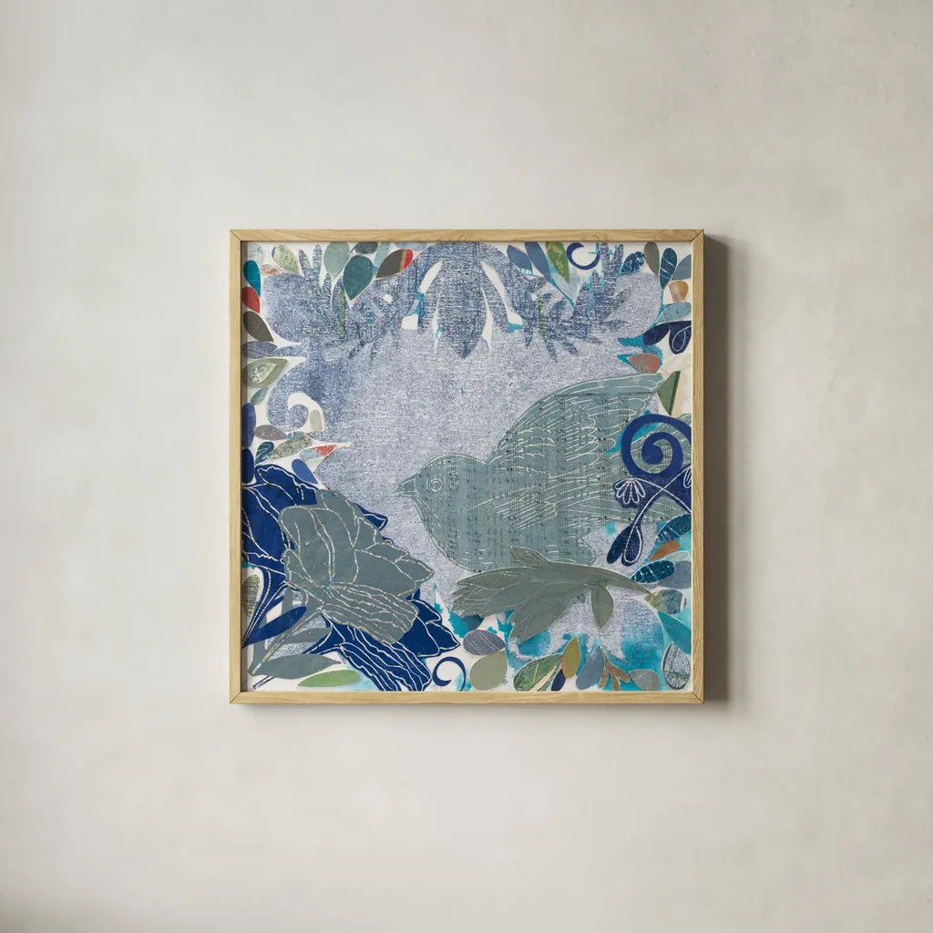 Bird in the Garden by Candra Boggs. Shown in a natural wood glass frame for a timeless modern aesthetic. Available as an archival giclee rolled canvas, fine art paper, or poster print. SKU 19588a.