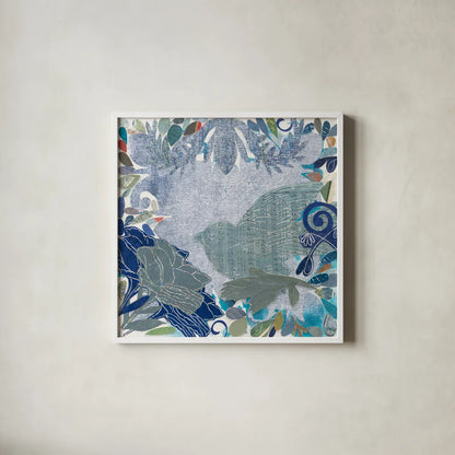 Bird in the Garden by Candra Boggs. Shown in a crisp white glass frame for a clean and minimalist style. Available as an archival giclee rolled canvas, fine art paper, or poster print. SKU 19588a.