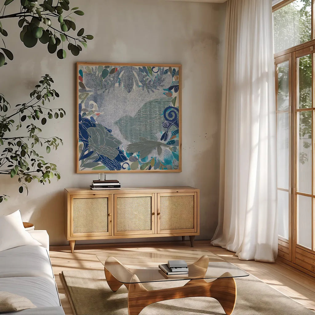 Bird in the Garden by Candra Boggs. Shown in a natural wood frame in a cozy modern living room. Available as an archival giclee rolled canvas, fine art paper, or poster print. SKU 19588a.