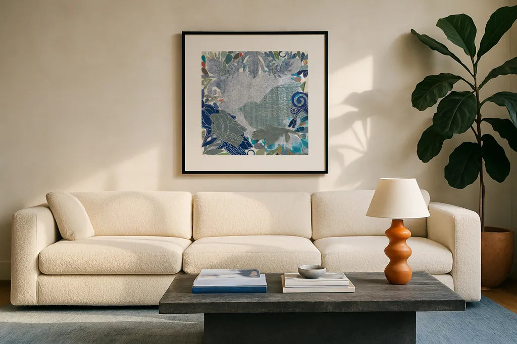 Bird in the Garden by Candra Boggs. Displayed in a glass frame with matte in a clean modern living room. Available as an archival giclee rolled canvas, fine art paper, or poster print. SKU 19588a.