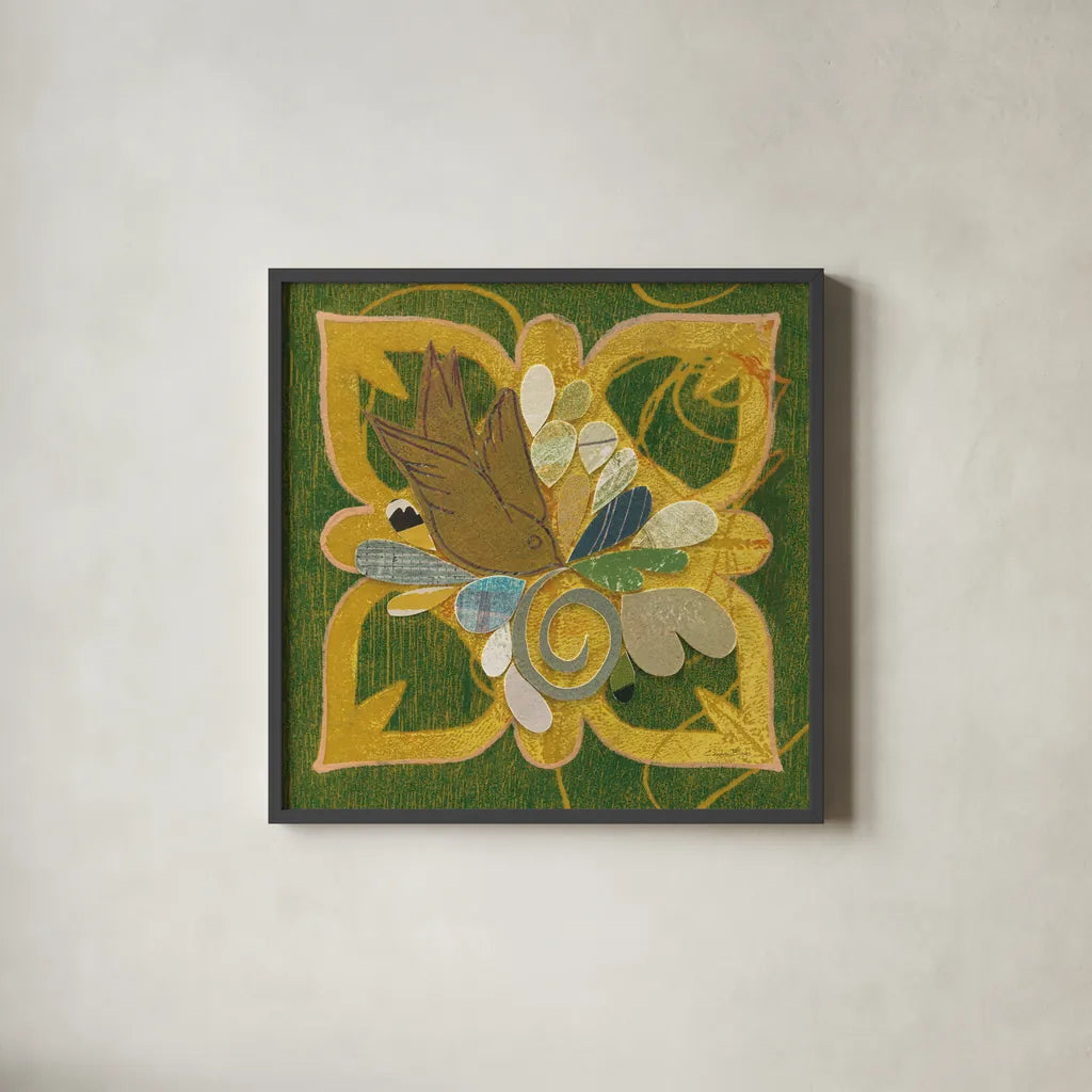 Birds in Spring I by Candra Boggs. Shown in a sleek black glass frame for a contemporary gallery look. Available as an archival giclee rolled canvas, fine art paper, or poster print. SKU 20438a.