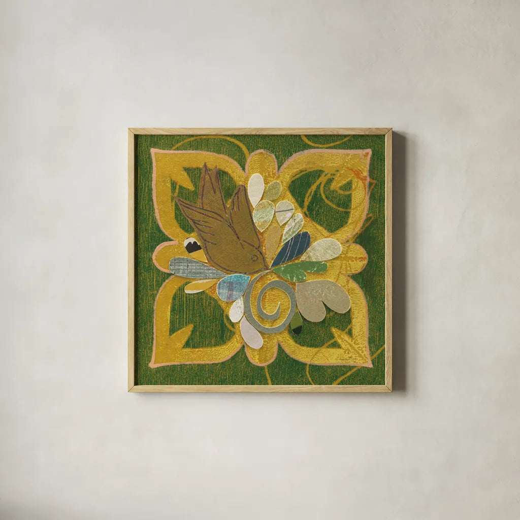 Birds in Spring I by Candra Boggs. Shown in a natural wood glass frame for a timeless modern aesthetic. Available as an archival giclee rolled canvas, fine art paper, or poster print. SKU 20438a.