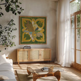 Birds in Spring I by Candra Boggs. Shown in a natural wood frame in a cozy modern living room. Available as an archival giclee rolled canvas, fine art paper, or poster print. SKU 20438a.