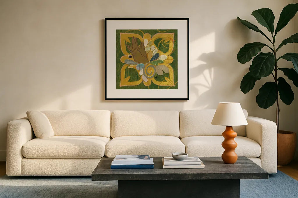 Birds in Spring I by Candra Boggs. Displayed in a glass frame with matte in a clean modern living room. Available as an archival giclee rolled canvas, fine art paper, or poster print. SKU 20438a.