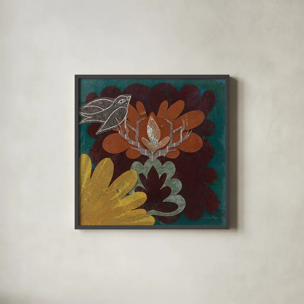 Birds in Spring II by Candra Boggs. Shown in a sleek black glass frame for a contemporary gallery look. Available as an archival giclee rolled canvas, fine art paper, or poster print. SKU 20439a.