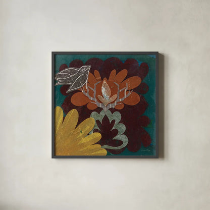 Birds in Spring II by Candra Boggs. Shown in a sleek black glass frame for a contemporary gallery look. Available as an archival giclee rolled canvas, fine art paper, or poster print. SKU 20439a.