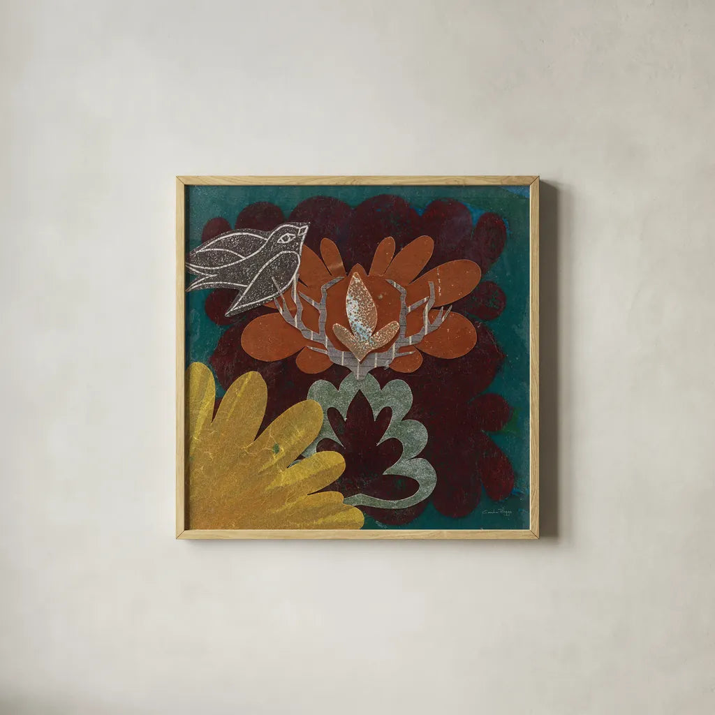 Birds in Spring II by Candra Boggs. Shown in a natural wood glass frame for a timeless modern aesthetic. Available as an archival giclee rolled canvas, fine art paper, or poster print. SKU 20439a.