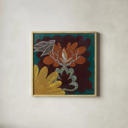 Birds in Spring II by Candra Boggs. Shown in a natural wood glass frame for a timeless modern aesthetic. Available as an archival giclee rolled canvas, fine art paper, or poster print. SKU 20439a.