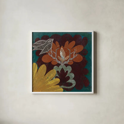 Birds in Spring II by Candra Boggs. Shown in a crisp white glass frame for a clean and minimalist style. Available as an archival giclee rolled canvas, fine art paper, or poster print. SKU 20439a.