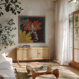 Birds in Spring II by Candra Boggs. Shown in a natural wood frame in a cozy modern living room. Available as an archival giclee rolled canvas, fine art paper, or poster print. SKU 20439a.