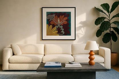 Birds in Spring II by Candra Boggs. Displayed in a glass frame with matte in a clean modern living room. Available as an archival giclee rolled canvas, fine art paper, or poster print. SKU 20439a.