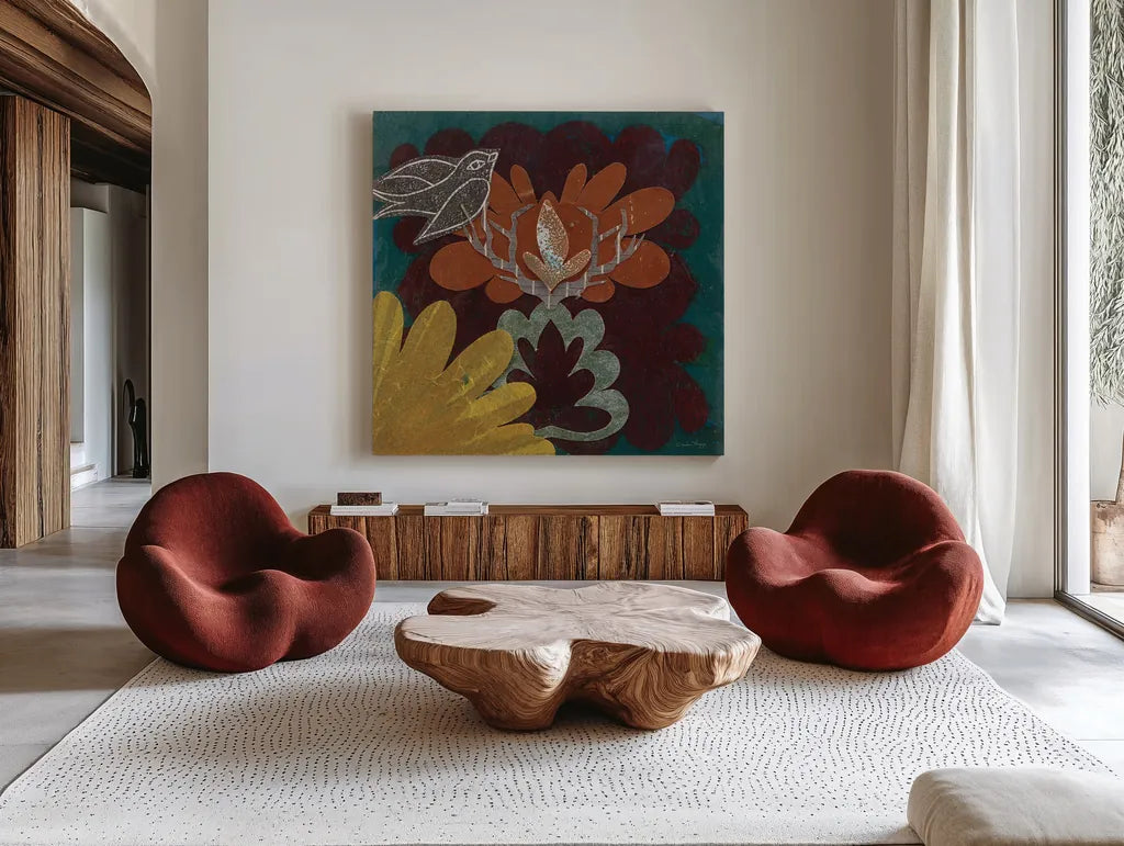 Birds in Spring II by Candra Boggs. Shown as extra-large giant wall art in a modern living room. Available as an archival giclee rolled canvas, fine art paper, or poster print. SKU 20439a.