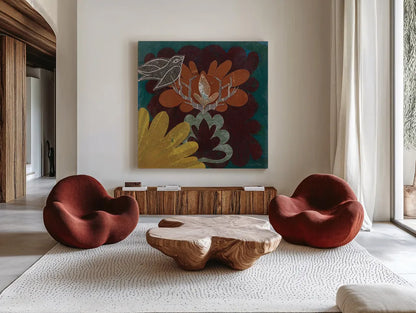 Birds in Spring II by Candra Boggs. Shown as extra-large giant wall art in a modern living room. Available as an archival giclee rolled canvas, fine art paper, or poster print. SKU 20439a.