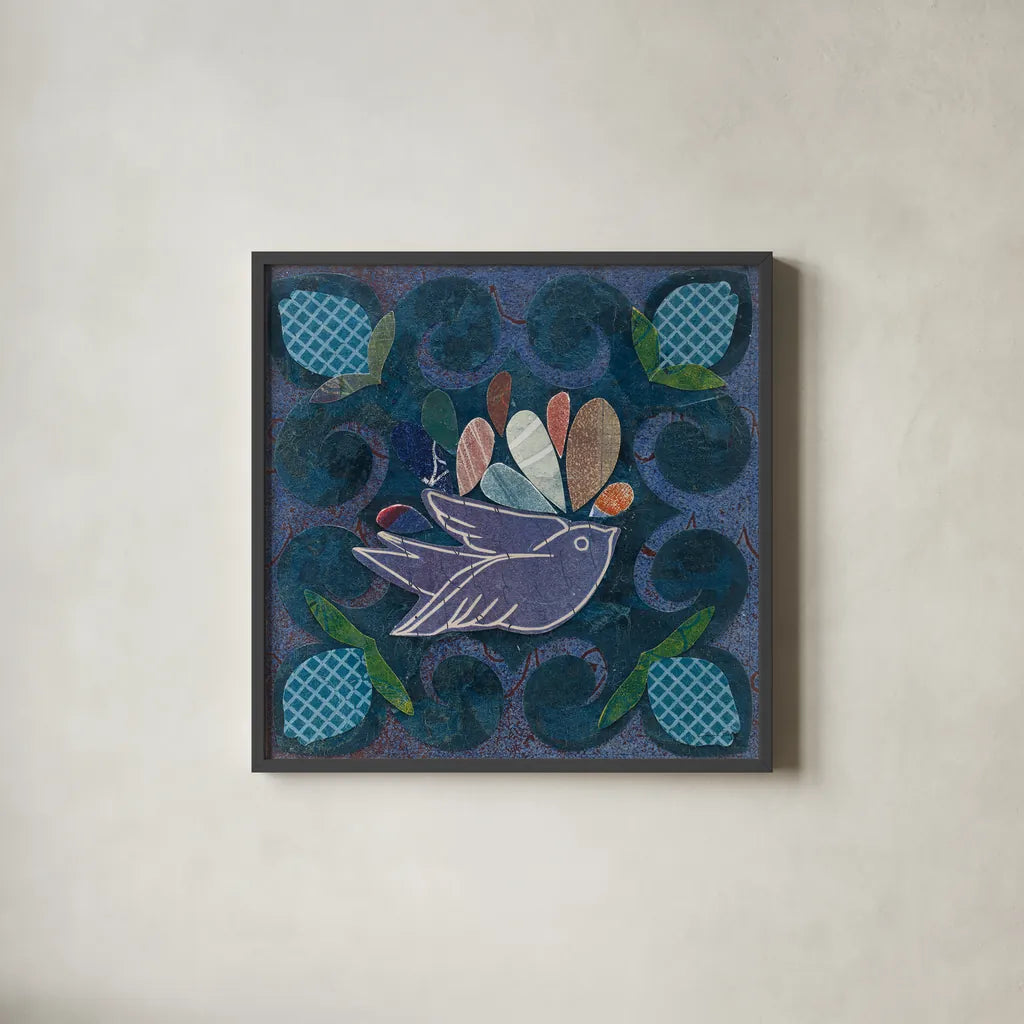 Birds in Spring III by Candra Boggs. Shown in a sleek black glass frame for a contemporary gallery look. Available as an archival giclee rolled canvas, fine art paper, or poster print. SKU 20426a.