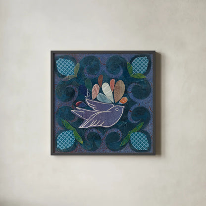 Birds in Spring III by Candra Boggs. Shown in a sleek black glass frame for a contemporary gallery look. Available as an archival giclee rolled canvas, fine art paper, or poster print. SKU 20426a.