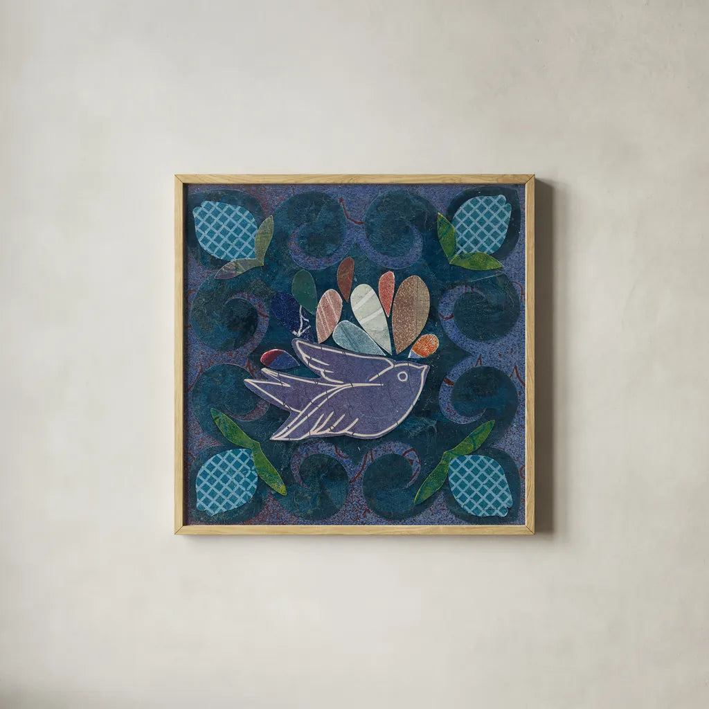 Birds in Spring III by Candra Boggs. Shown in a natural wood glass frame for a timeless modern aesthetic. Available as an archival giclee rolled canvas, fine art paper, or poster print. SKU 20426a.