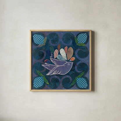 Birds in Spring III by Candra Boggs. Shown in a natural wood glass frame for a timeless modern aesthetic. Available as an archival giclee rolled canvas, fine art paper, or poster print. SKU 20426a.