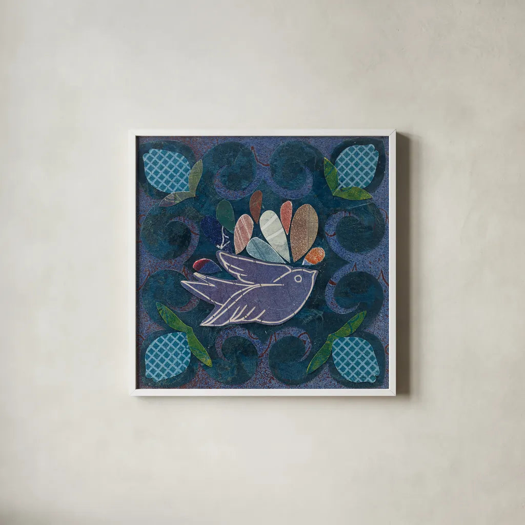 Birds in Spring III by Candra Boggs. Shown in a crisp white glass frame for a clean and minimalist style. Available as an archival giclee rolled canvas, fine art paper, or poster print. SKU 20426a.