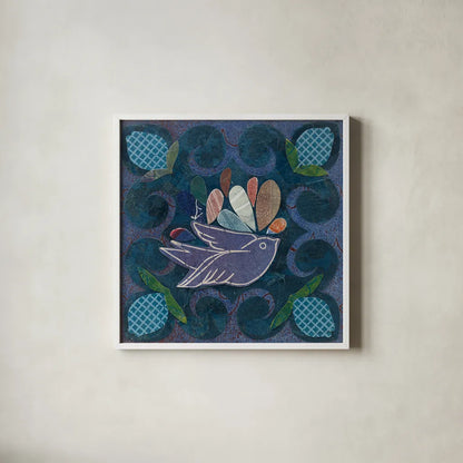 Birds in Spring III by Candra Boggs. Shown in a crisp white glass frame for a clean and minimalist style. Available as an archival giclee rolled canvas, fine art paper, or poster print. SKU 20426a.