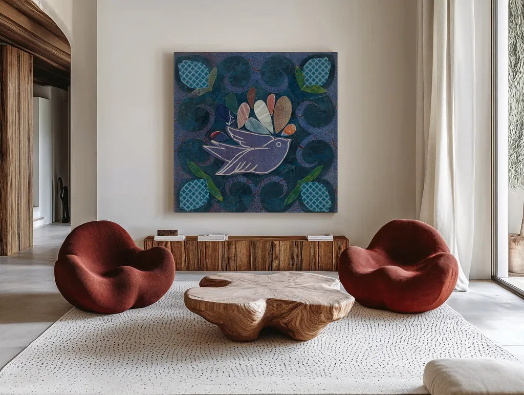 Birds in Spring III by Candra Boggs. Shown as extra-large giant wall art in a modern living room. Available as an archival giclee rolled canvas, fine art paper, or poster print. SKU 20426a.