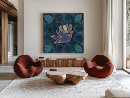 Birds in Spring III by Candra Boggs. Shown as extra-large giant wall art in a modern living room. Available as an archival giclee rolled canvas, fine art paper, or poster print. SKU 20426a.