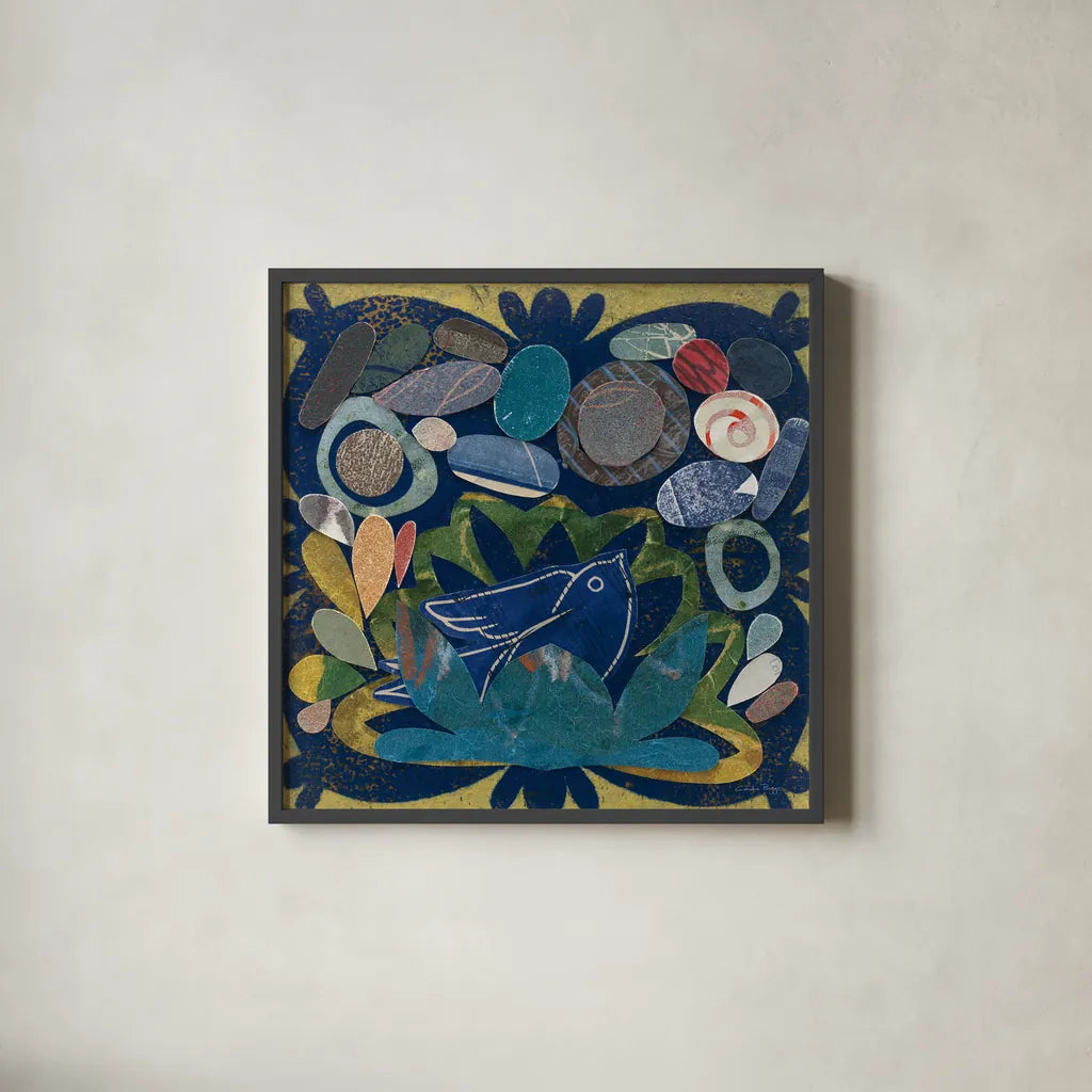 Birds in Spring IV by Candra Boggs. Shown in a sleek black glass frame for a contemporary gallery look. Available as an archival giclee rolled canvas, fine art paper, or poster print. SKU 20427a.