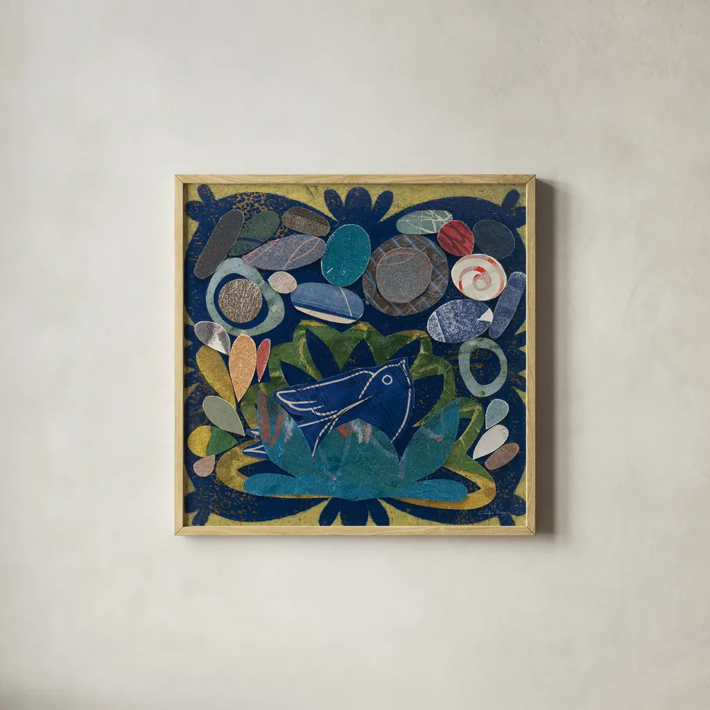 Birds in Spring IV by Candra Boggs. Shown in a natural wood glass frame for a timeless modern aesthetic. Available as an archival giclee rolled canvas, fine art paper, or poster print. SKU 20427a.