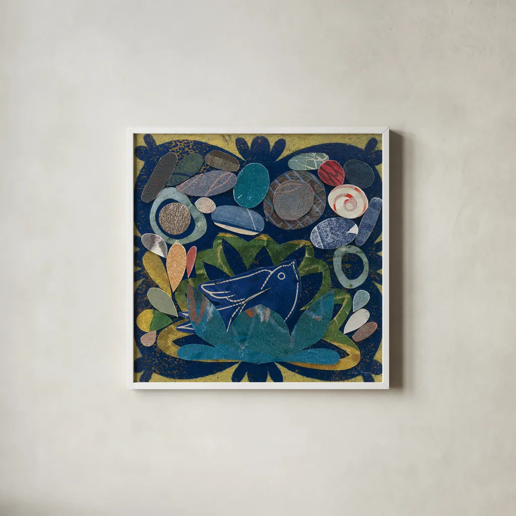 Birds in Spring IV by Candra Boggs. Shown in a crisp white glass frame for a clean and minimalist style. Available as an archival giclee rolled canvas, fine art paper, or poster print. SKU 20427a.