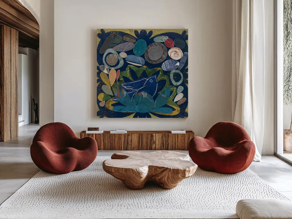 Birds in Spring IV by Candra Boggs. Shown as extra-large giant wall art in a modern living room. Available as an archival giclee rolled canvas, fine art paper, or poster print. SKU 20427a.