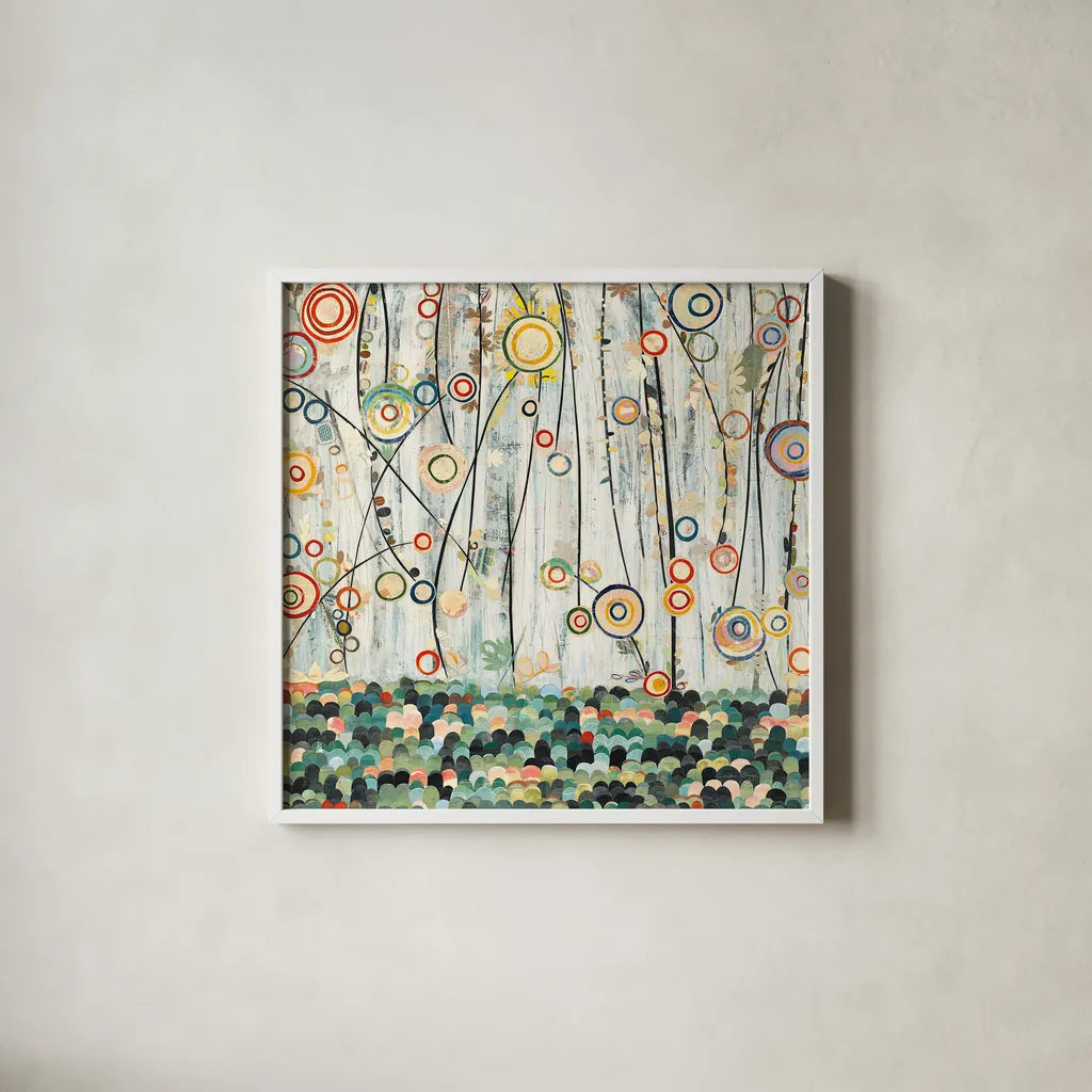 Blooming Meadow by Candra Boggs. Shown in a crisp white glass frame for a clean and minimalist style. Available as an archival giclee rolled canvas, fine art paper, or poster print. SKU 7761a.