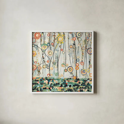 Blooming Meadow by Candra Boggs. Shown in a crisp white glass frame for a clean and minimalist style. Available as an archival giclee rolled canvas, fine art paper, or poster print. SKU 7761a.