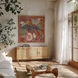 Butterfly Garden III by Candra Boggs. Shown in a natural wood frame in a cozy modern living room. Available as an archival giclee rolled canvas, fine art paper, or poster print. SKU 19582a.