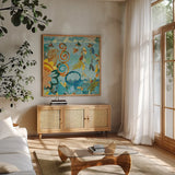 Converse Bird Square I by Candra Boggs. Shown in a natural wood frame in a cozy modern living room. Available as an archival giclee rolled canvas, fine art paper, or poster print. SKU 32142a.