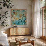 Converse Bird Square II by Candra Boggs. Shown in a natural wood frame in a cozy modern living room. Available as an archival giclee rolled canvas, fine art paper, or poster print. SKU 32143a.
