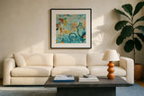 Converse Bird Square II by Candra Boggs. Displayed in a glass frame with matte in a clean modern living room. Available as an archival giclee rolled canvas, fine art paper, or poster print. SKU 32143a.