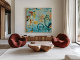 Converse Bird Square II by Candra Boggs. Shown as extra-large giant wall art in a modern living room. Available as an archival giclee rolled canvas, fine art paper, or poster print. SKU 32143a.