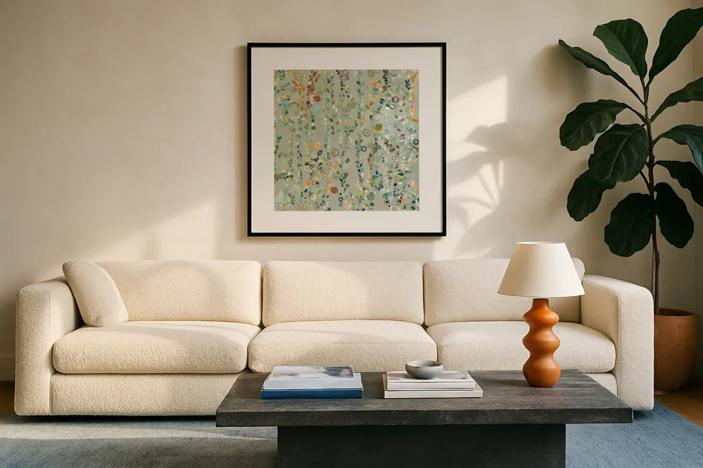 Hazel Brook by Candra Boggs. Displayed in a glass frame with matte in a clean modern living room. Available as an archival giclee rolled canvas, fine art paper, or poster print. SKU 16410a.