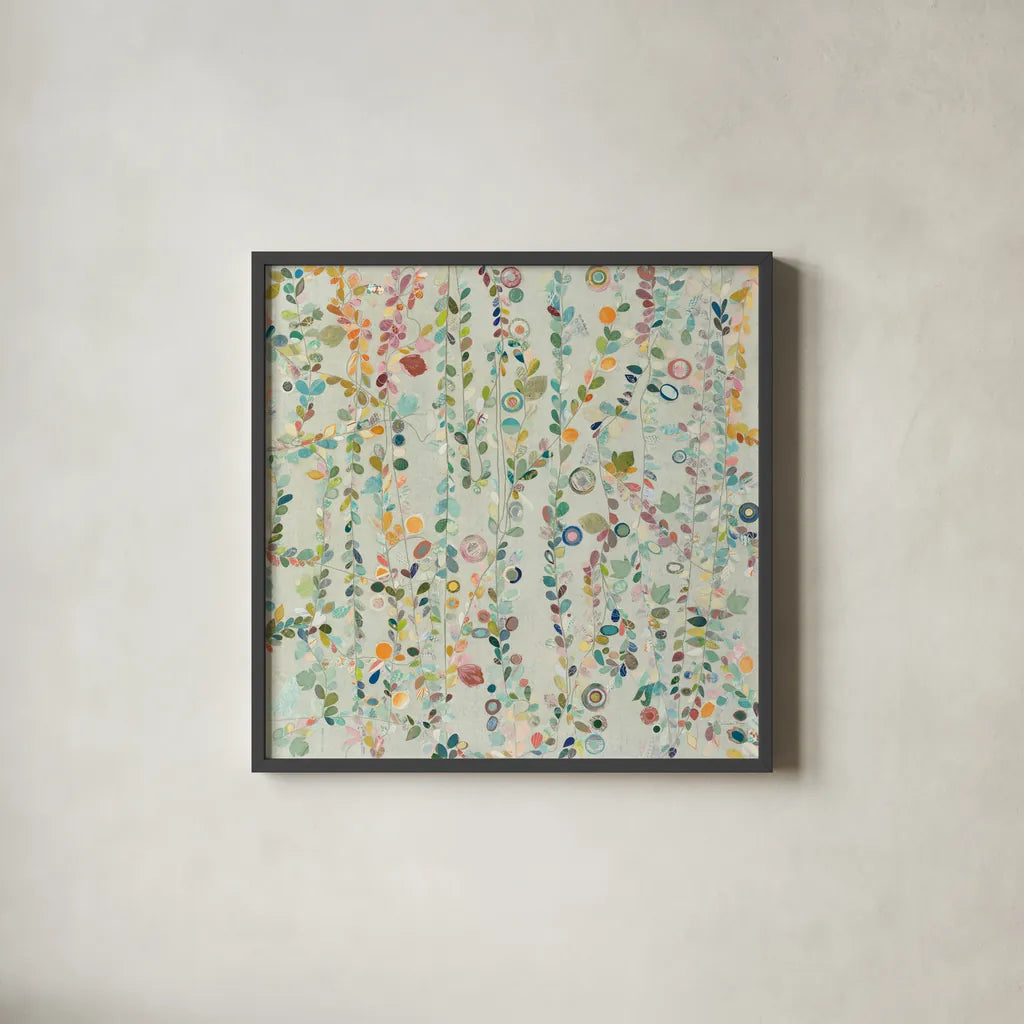 Hazel Brook Spring by Candra Boggs. Shown in a sleek black glass frame for a contemporary gallery look. Available as an archival giclee rolled canvas, fine art paper, or poster print. SKU 50293a.